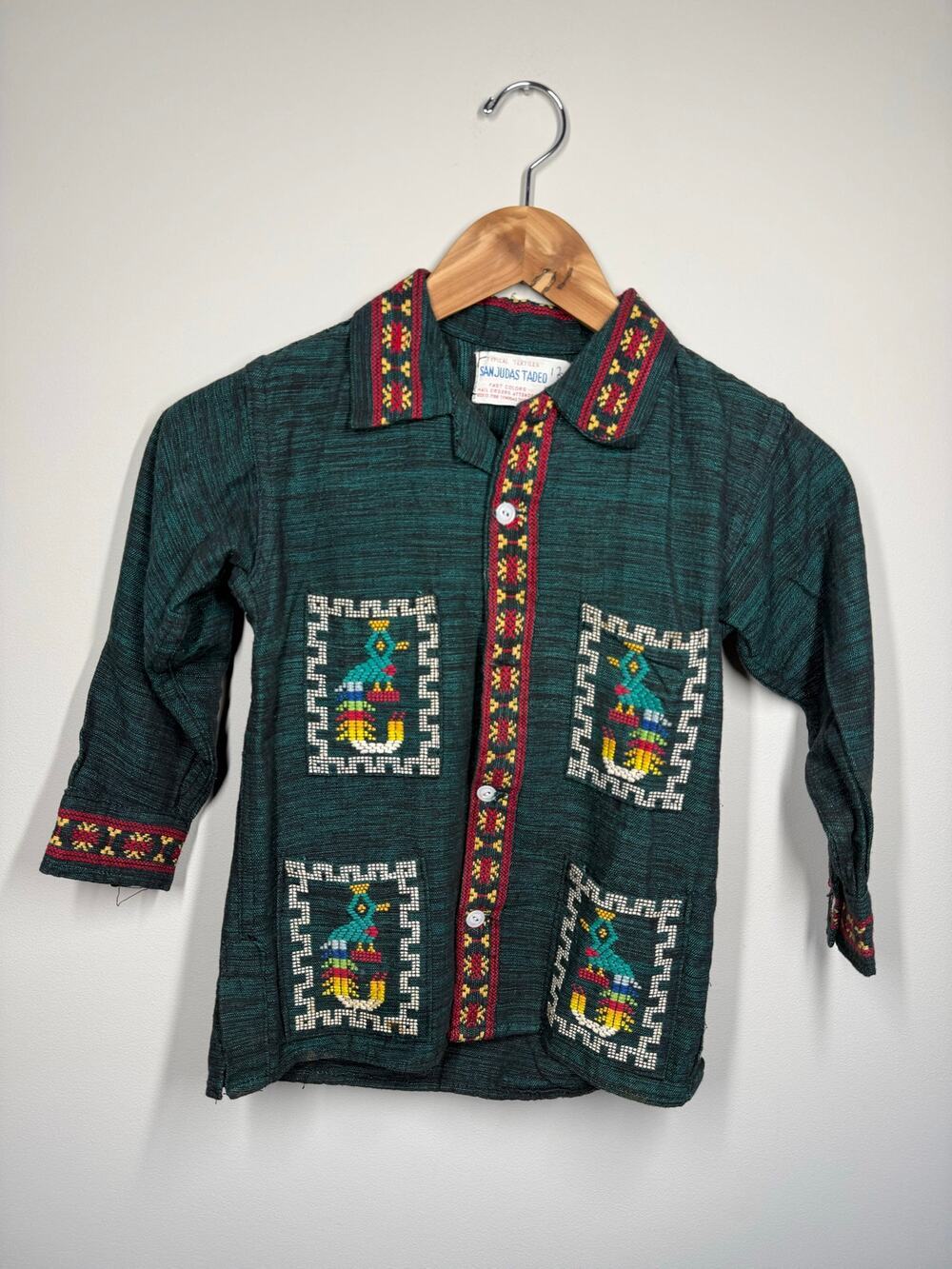 Vintage 70s Guatemalan Handwoven Quetzel Aztec Turquoise Shirt Jacket Boys Small
